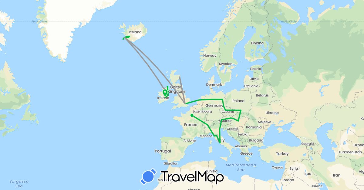 TravelMap itinerary: driving, bus, plane in Austria, Switzerland, Czech Republic, Germany, France, United Kingdom, Hungary, Ireland, Iceland, Italy, Netherlands, Poland, Slovakia (Europe)